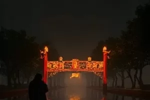 深蓝记事簿中夜航江面与船舷灯光